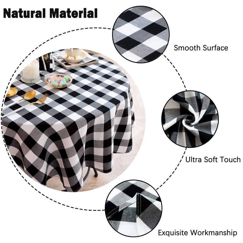 Gleamique Buffalo Plaid Round Tablecloth Checkered Cotton Linen Table Cover for Kitchen Dining Room Home Decor ( Round - 48 Inch, White & Black ) - Image 3